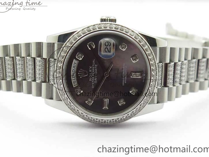 0517 SmoothTexture Day-Date 36mm 128239 SS Crystal BP Best Edition Black MOP Crystal Marker Dial on SS President Bracelet A 2681